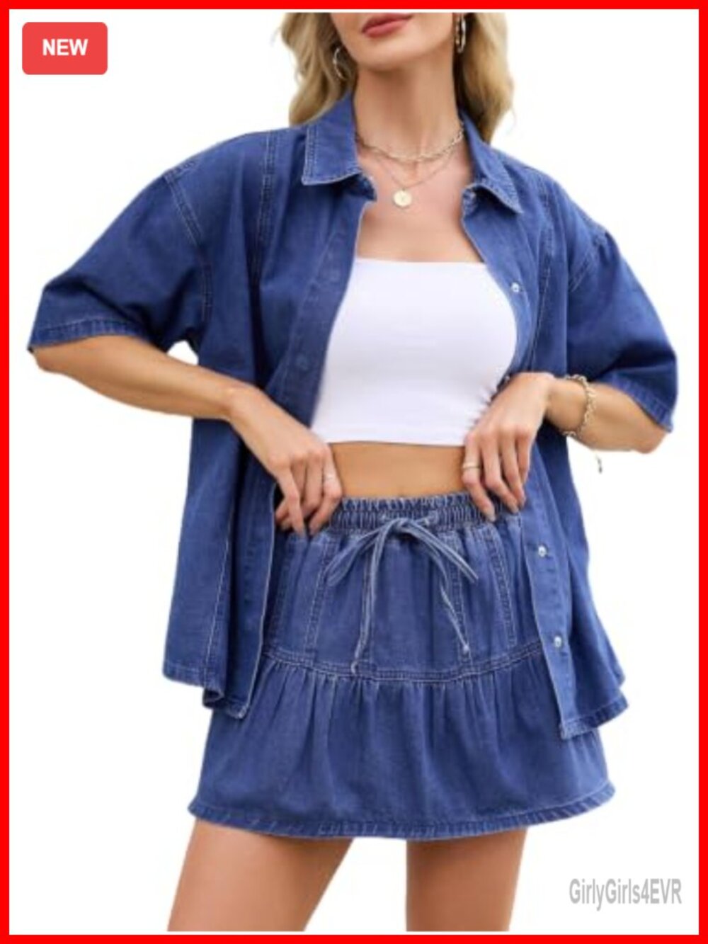 Denim Two Piece Outfit Short Sleeve Button Down Shirt & Tiered Mini Skirt Set